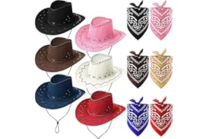 6 Pack Cowboy Hat with 6 Pack Bandana Felt Studded Western Rodeo Texan Cowboy Hat Bandana Set for Cowboy Theme Party Cosplay
