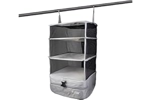 Grand Fusion Stow-N-Go Portable Hanging Travel Shelves, Packing Organizer for Luggage. Carry on Closet with Hanger for Clothes. Expandable Packing Cube. Travel Essentials from Small, Light Gray