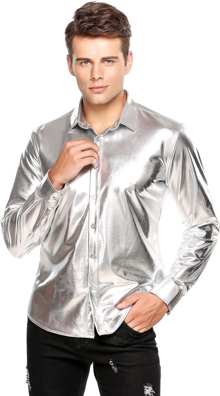 COOFANDY Men's Metallic Shiny Nightclub Slim Fit Long Sleeve Button Down Party Shirts at  Men’s Clothing store