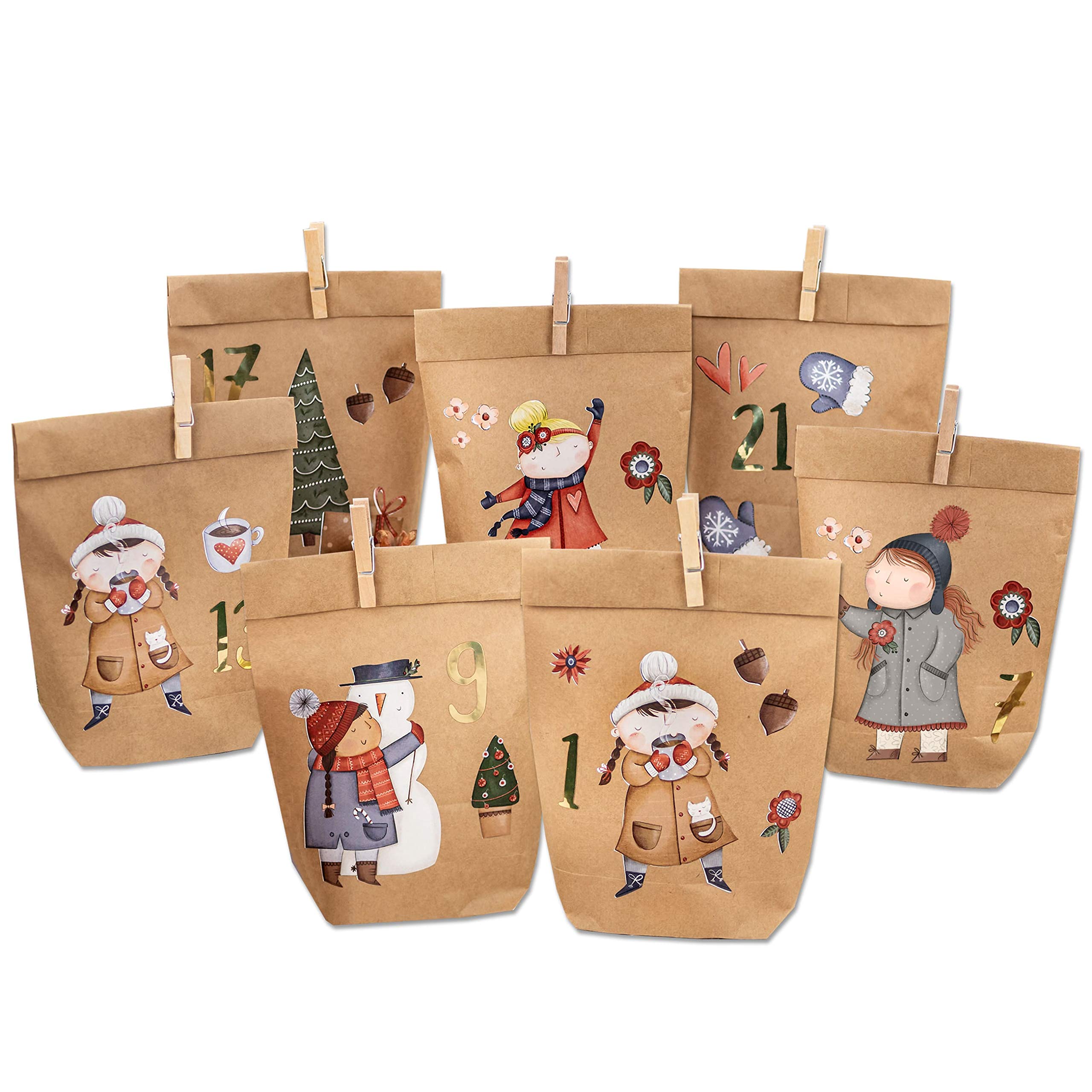 Papierdrachen Advent Calendar 2025 for Filling, 24 Brown Paper Bags with Ice Skater Stickers, Includes Clips and Number Stickers, Christmas