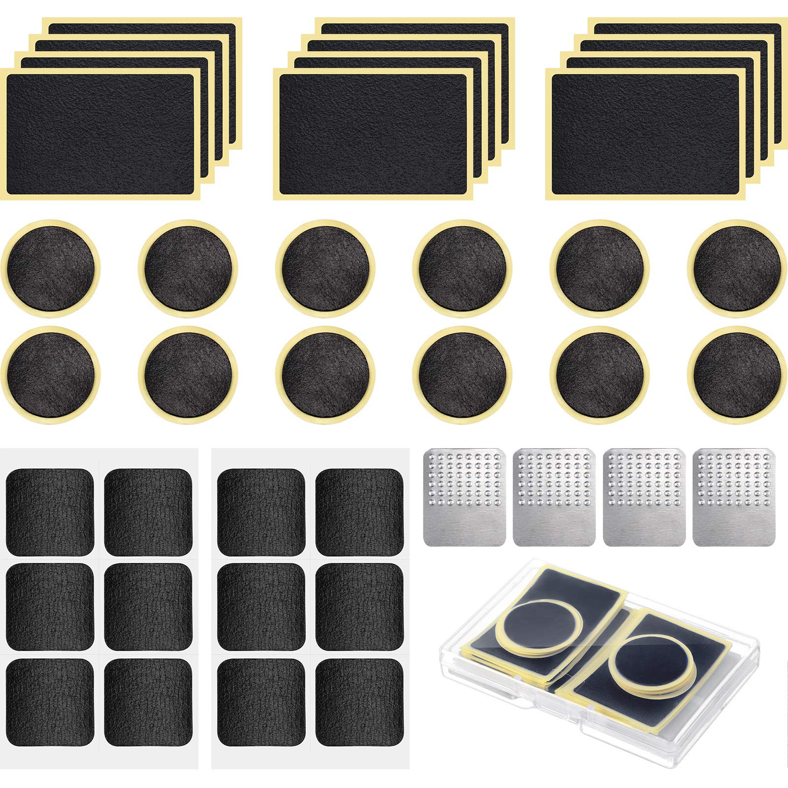 Photo 1 of 40 Pieces Bicycle Tire Repair Kit Includes 36 Pieces Glueless Bike Tube Patches Self Adhesive Bicycle Tire Patches Included Round Square Rectangle and 4 Pieces Metal Rasps for Road Mountain Bikes