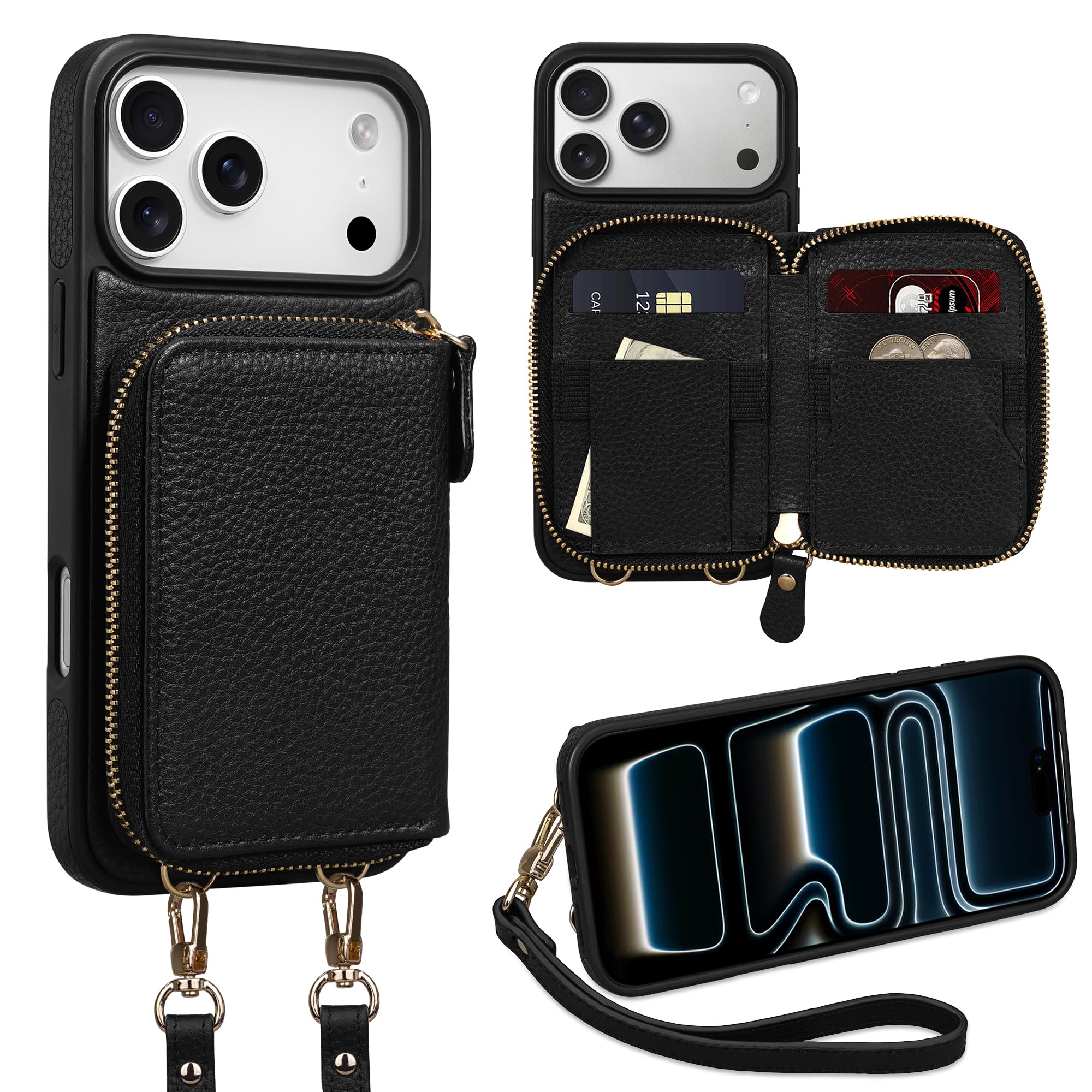 Keallce Wallet Case for iPhone 17 Pro Max 6.9 Inch, Genuine Leather Zipper Purse with Crossbody Strap, 4 Card Slots & RFID Blocking, Kickstand Flip Cover Shockproof for Women, Black