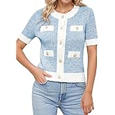 LCXWFE Womens Cropped Short Sleeve Cardigan Sweaters Crew Neck Button Down Tweed Cardigans Knitwear Tops with Pockets