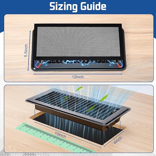 16 PCS 4X10″ FLOOR REGISTER & MAGNETIC VENT COVER SET, 8 MAGNETIC MESH VENT COVERS & 8 HEAVY DUTY METAL WALKABLE FLOOR VENTS WITH DAMPER FOR WALL CEILING HVAC, KEEPS HAIR FOOD DEBRIS OUT, PET PROOF