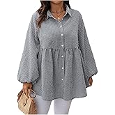 MakeMeChic Women's Plus Size Blouses Gingham Lantern Sleeve Button Down Plaid Shirt Peplum Tops 1950s Outfits