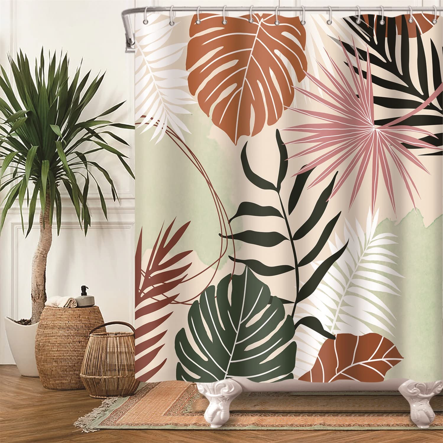 Bovlleetd Botanical Shower Curtain Abstract Tropical Plants Medieval Maple Palm Leaf Shower Curtains Boho Boy Girl Bathroom Art Decor Curtain Geometric Washable Tub Decoration Curtain 60x72inch — image 1
