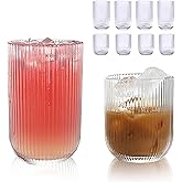 WeirdUncle Set of 8 Ribbed Glassware,4 Highball Glasses 14oz & 4 Rocks Drinking Glasses 9oz, Clear, Origami Style, Fluted Design, for Milk, Water, Cocktail, Juice, Beer, ToothBrush Cup, Gift