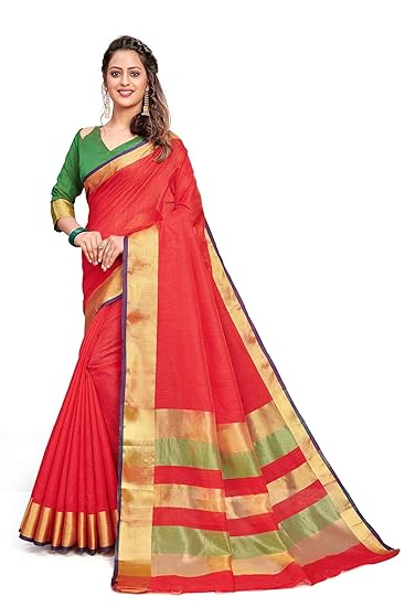 Divaastha Red Cotton Striped Saree with Blouse Piece (BHSRJ9BRED)