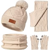 4 Pieces Winter Hat Scarf Glove Set for Women,Fleece Lined Beanie with Pom Pom,Touchscreen Gloves Knit Scarf for Cold Weather