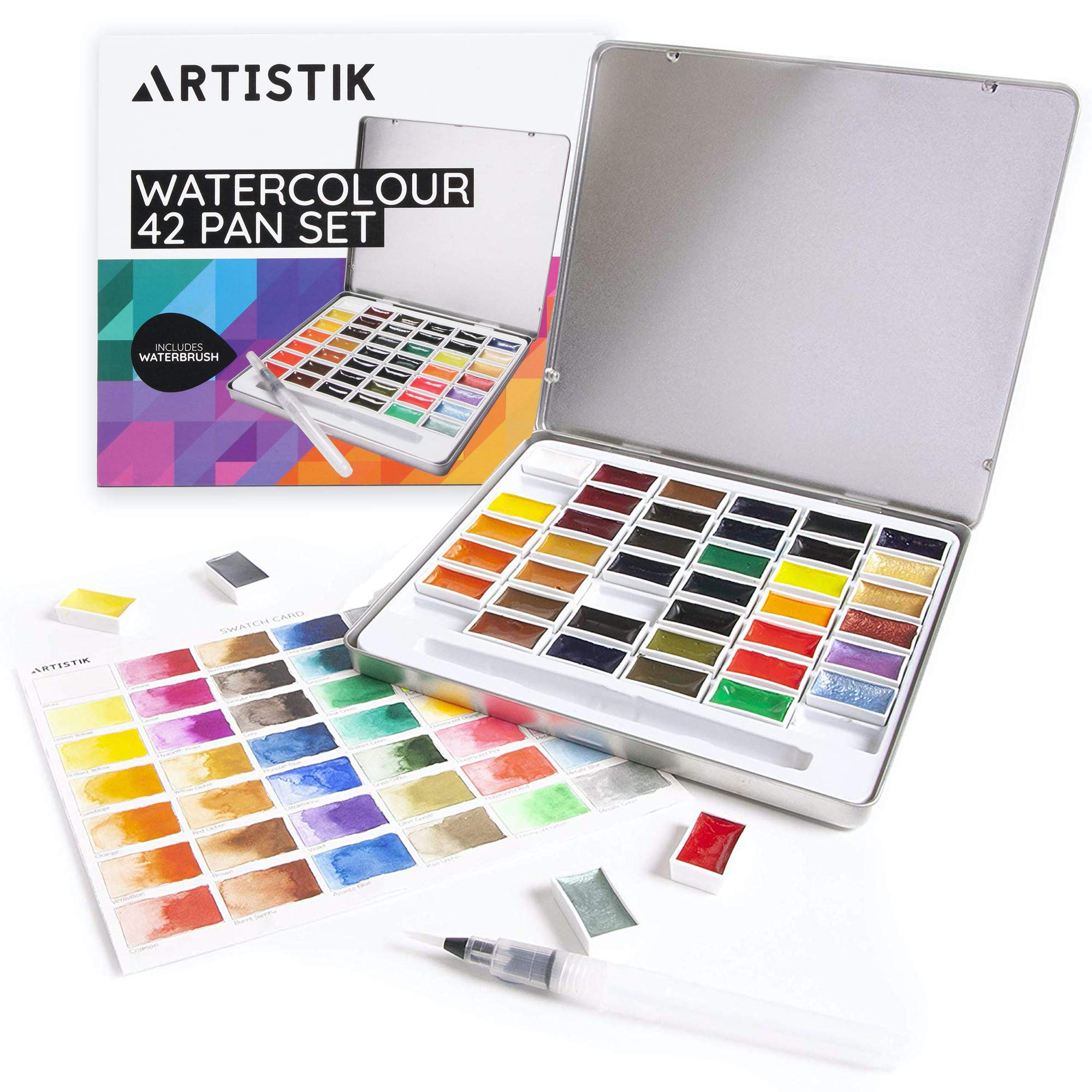 Watercolour Paint Set - 42 Pans Richly Pigmented Artist Quality Colours Includes 6 Vibrant Metallics, 1 Waterbrush Pen in a Metal Tin, for Professionals Artists, Beginners