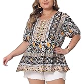 Agnes Orinda Plus Size Boho Tops for Women Floral Print V Neck Short Sleeve Summer Shirts Peplum Loose Blouses