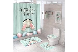 DDS-DUDES 4Pcs Easter Shower Curtain Sets，Funny Rabbit Easter and Blue Eggs for Bathroom Decor，Happy Easter Rabbit Waterproof Fabric Curtains with Hooks 71x71 inches (Colour B)