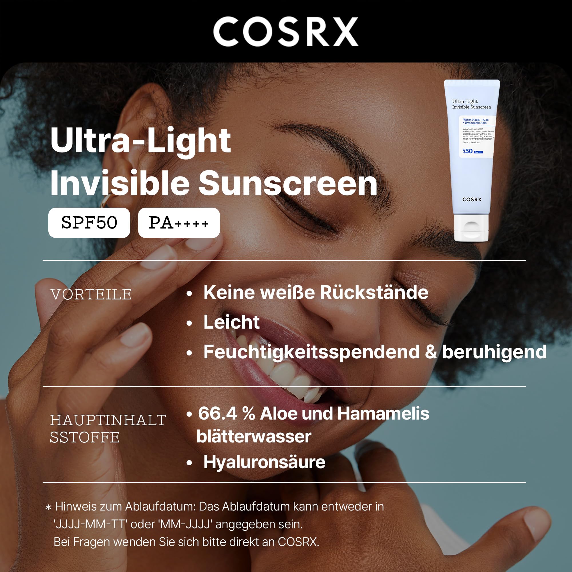 COSRX Ultra-Leichte Unsichtbare Sonnencreme LSF 50 Transparenter Sonnenschutz mit Hyaluronsäure, Kein Weißer Schleier, Nicht fettend, Starker UV-Schutz, Sonnenpflege, Koreanische Sunscreen 50 ml 3