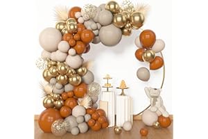 Amandir 153pcs Burnt Orange Balloon Garland Arch Kit, Different Sizes 18 12 10 5inch White Sand Nude Latex Metallic Gold Confetti Thanksgiving Fall Balloons for Baby Shower Birthday Party Decorations