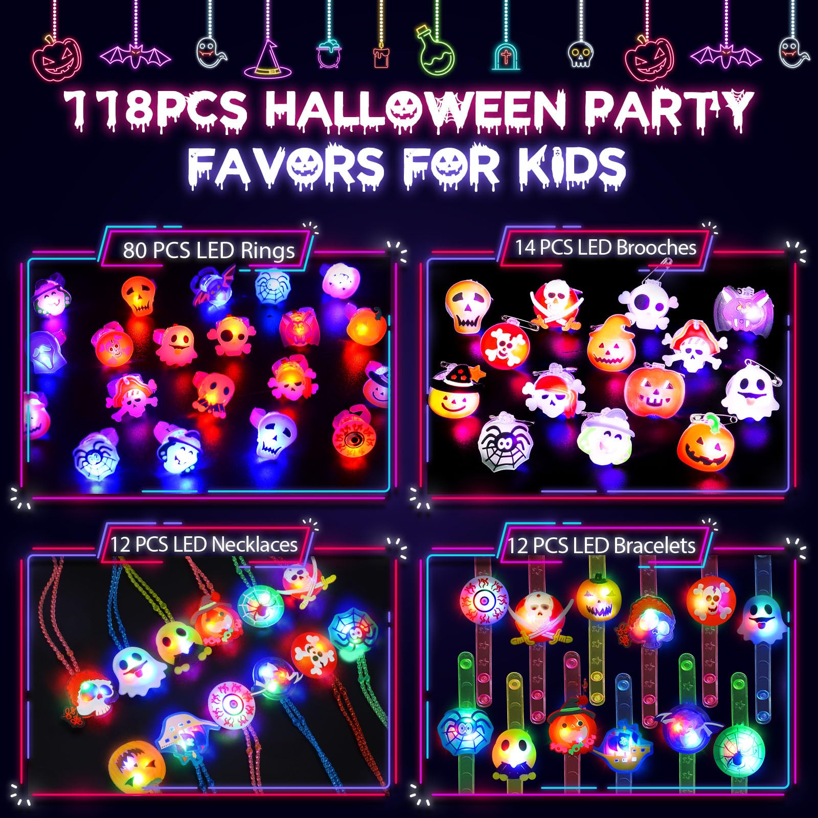 118 PCS Halloween Party Favors Bulk, 80 Rings, 14 Brooches, 12 Necklaces, 12 Bracelets,Halloween Toys for Kids, Glow in the Dark Toys, Bulk Halloween Goodie Bag Fillers, Halloween Party Supplies