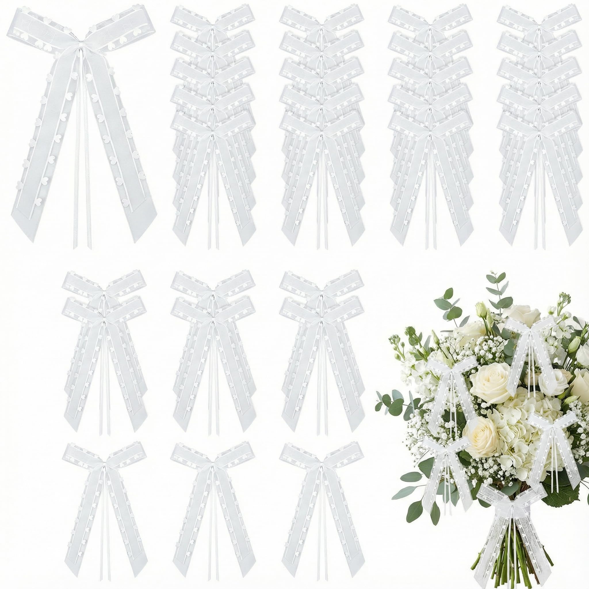 VGOODALL Pack of 30 Car Bows, Antenna Bows, White Bows with Hearts for a Wedding, Handmade Satin Ribbon for Decoration, Festivals