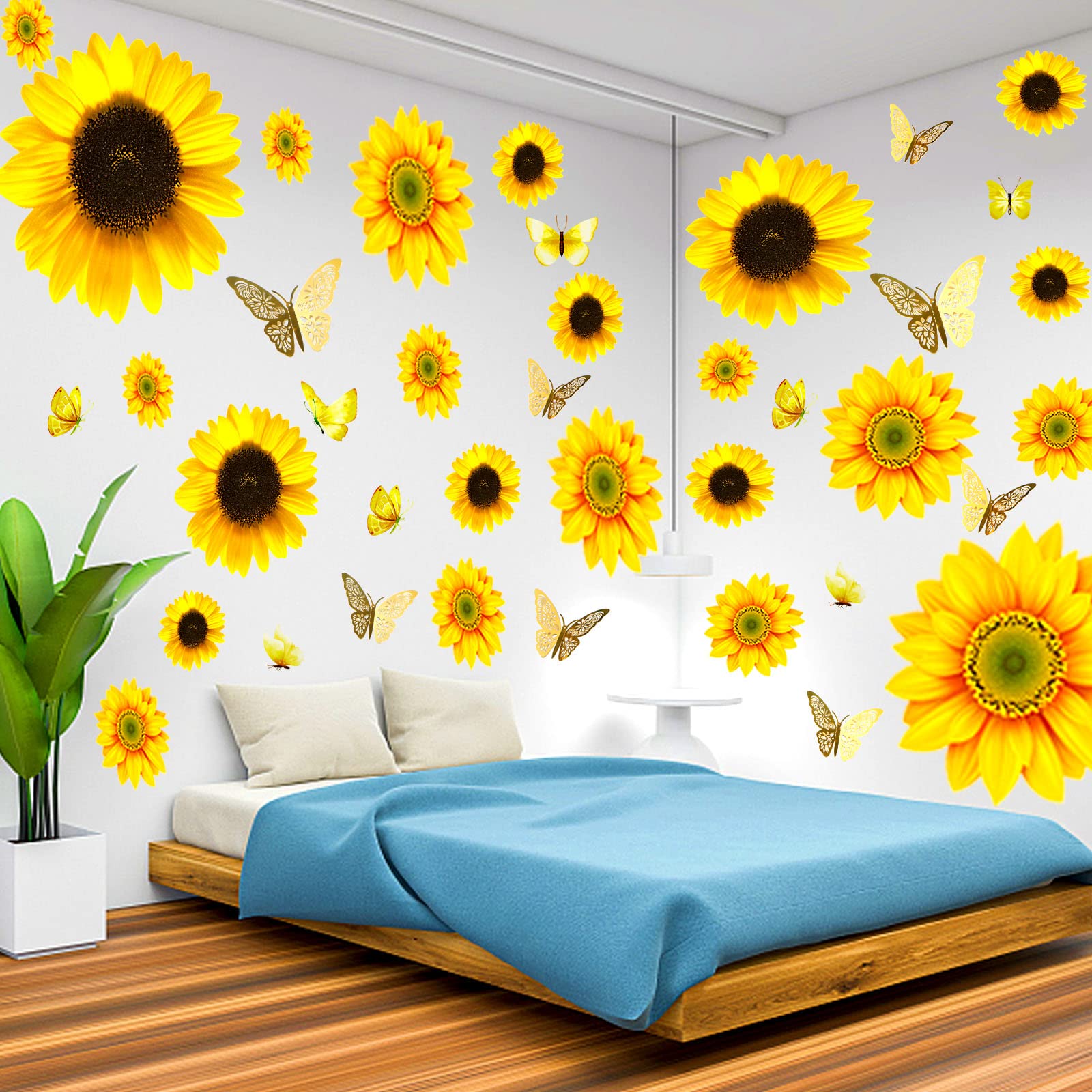 Large Sunflower Wall Stickers - 39 PCS Daisy Decals for Wall 3D Butterfly Wall Sticker Removable Yellow Flowers Decal for Kitchen Bedroom Decoration