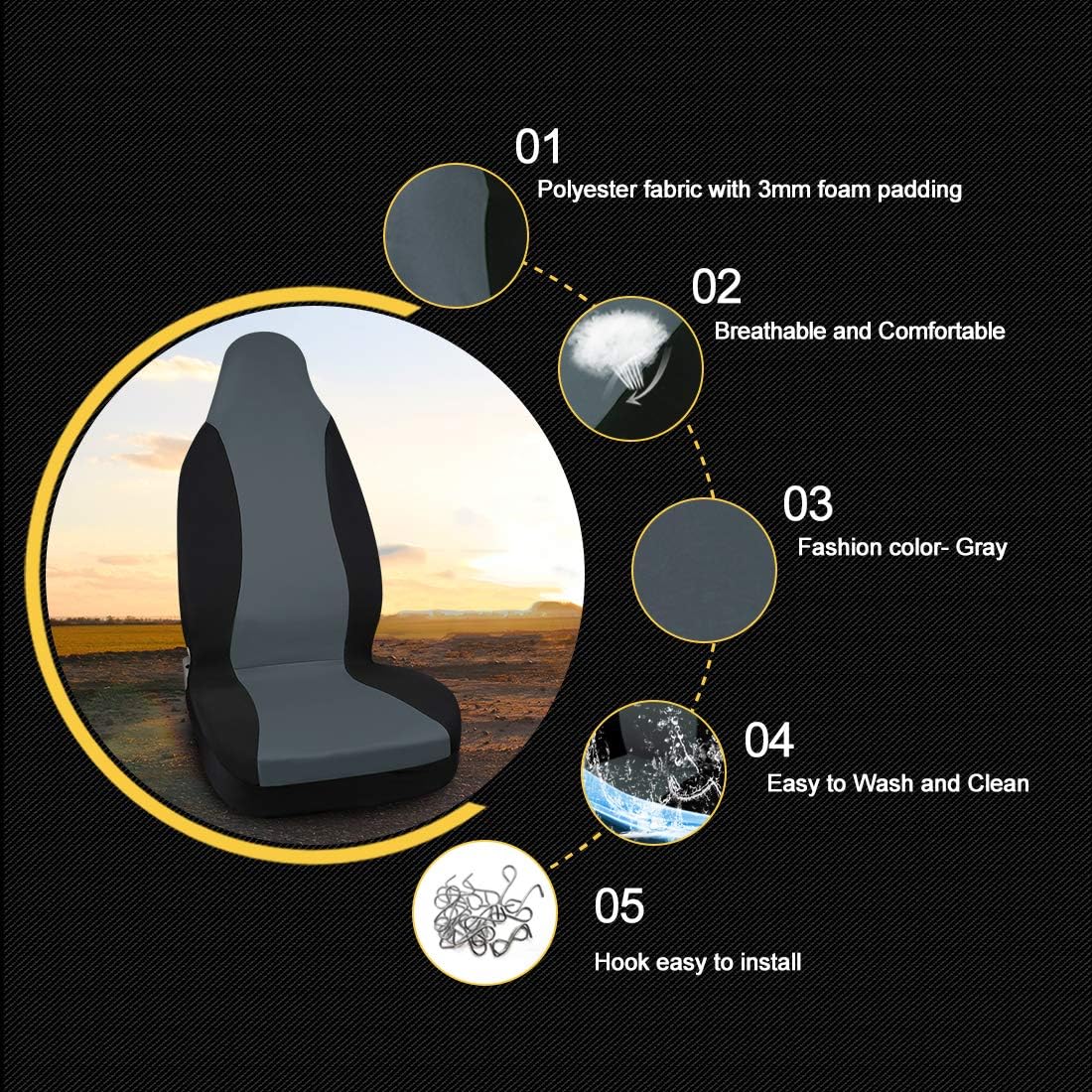 sourcingmap New Gray Black Front High Back Bucket Seat Cover, 126x60cm - Image 4