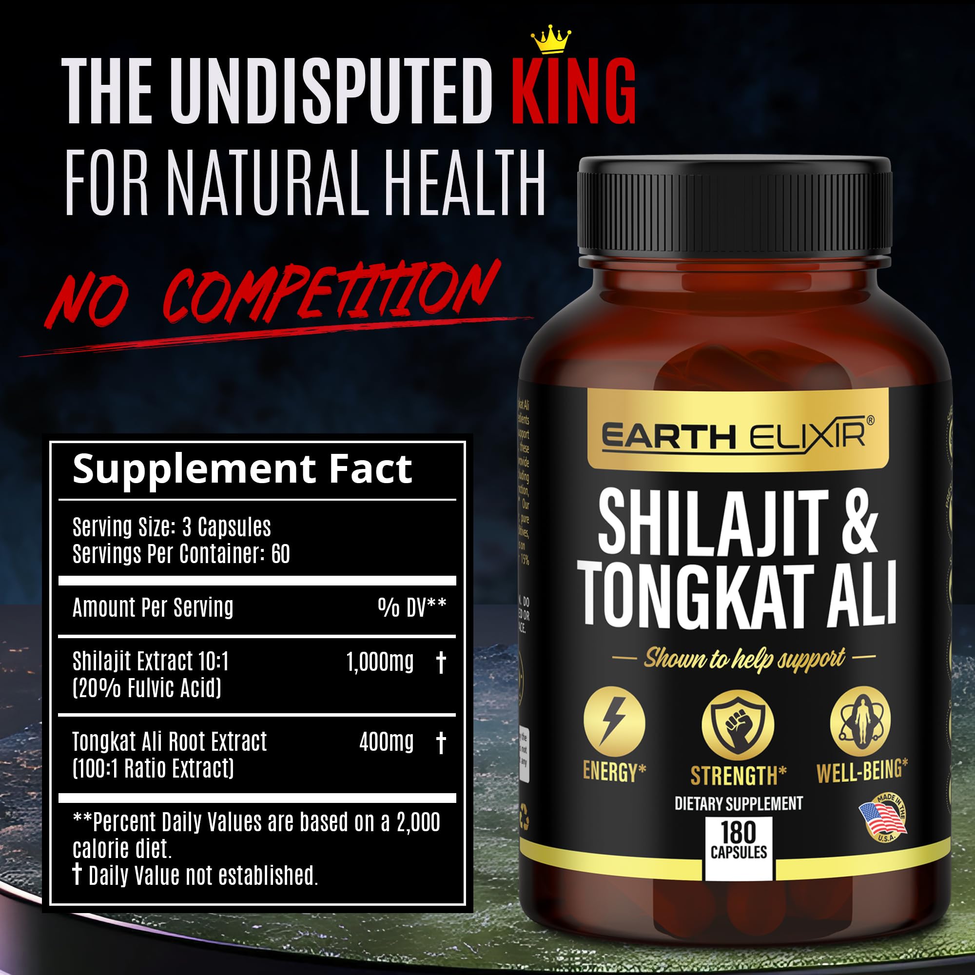 Earth Elixir Shilajit 1000mg & Tongkat Ali 400mg (180 Capsules) Made in USA-Shilajit Supplement (20% Fulvic Acid) Shilajit Pure Himalayan Organic & Tongkat Ali for Men More Potent Than Shilajit Resin