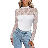 Zeagoo Long Sleeve Shirts for Women's Lace Tops Mesh Sheer Crew Neck Shirts Sexy Fall Going Out Blouse