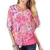 Lotusmile Women's Lightweight Flowy Shirt Double-Layered Printed Chiffon Poncho Blouse Top