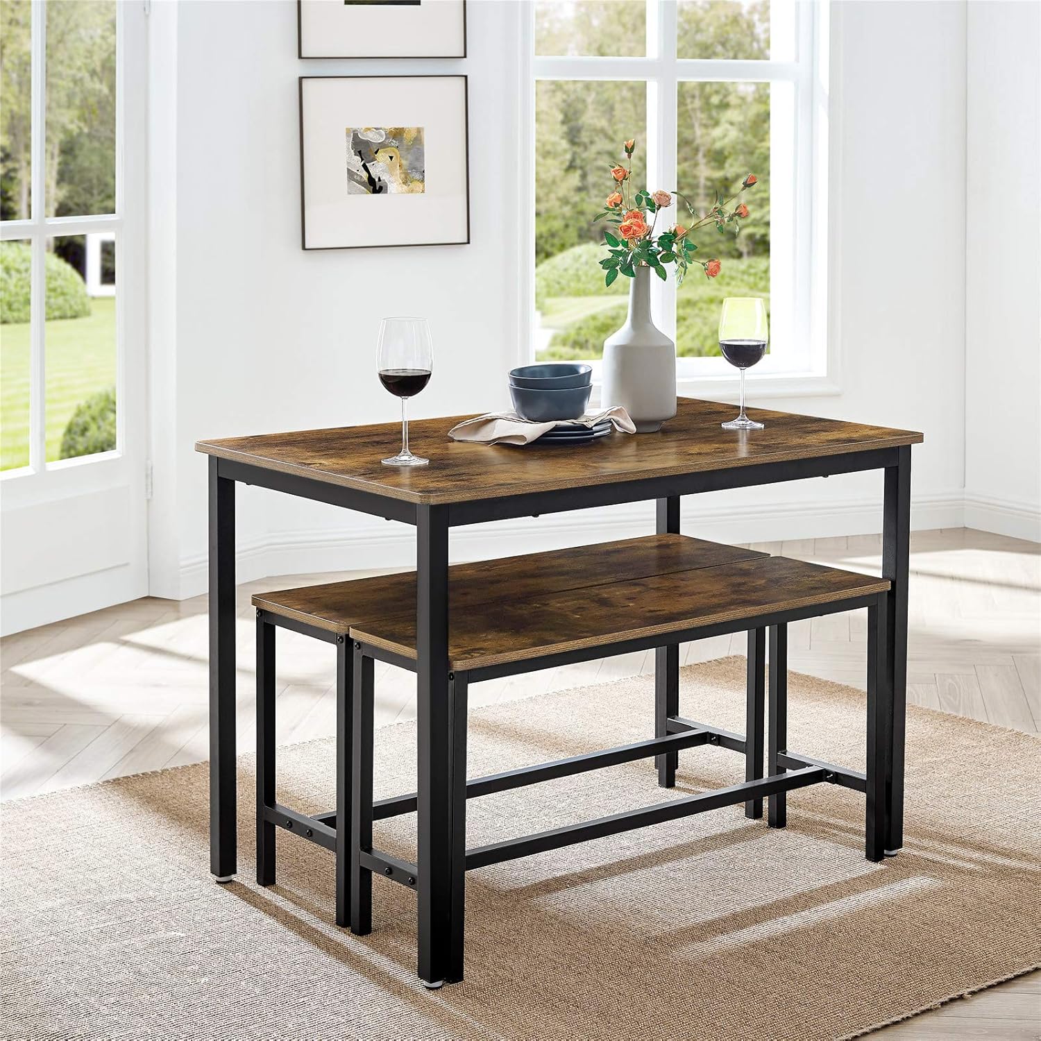 VASAGLE ALINRU Dining Table with 2 Benches, 3 Pieces Set, Kitchen Table of 39.4 x 27.6 x 29.5 Inches, Bench of 38.2 x 11.8 x 19.7 Inches Each, Industrial Design, Rustic Brown and Black UKDT070B01 - Table & Chair Sets
