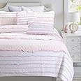 Cozy Line Home Fashions Pretty in Pink Girly Ruffle Stripped 100% Cotton Reversible Quilt Bedding Set, Coverlet, Bedspread (Pink Princess, Queen - 3 Piece: 1 Quilt + 2 Shams)