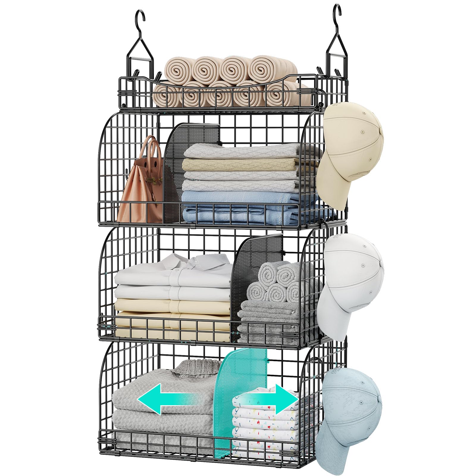 Photo 1 of HapiRm Hanging Closet Organizer Storage - 4 Tier Metal Stackable Hanging Closet Shelves with Dividers and S Hooks, Foldable Clothes Shelves for Clothes, Pants, Shoes, Coat, Hats Clutches Accessories