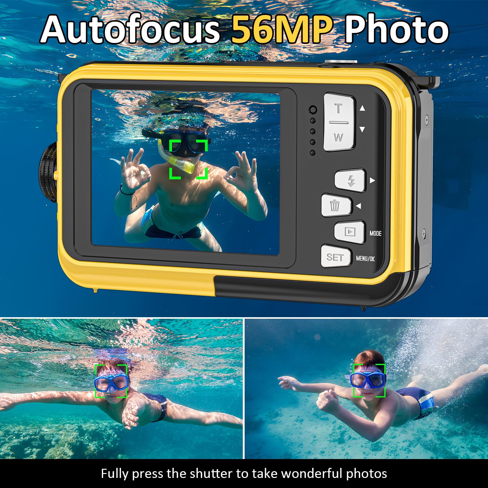 4K Digital Camera 11FT Underwater Camera with 32GB Card 56MP Autofocus Dual-Screen Selfie Waterproof Camera for Snorkeling Compact Floatable Point and Shoot Digital Camera 1250mAh Battery