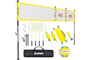 PATIASSY Volleyball Badminton Net Set, 2-in-1 Adjustable Height 5.1–8FT & Width 20–36FT, Outdoor Combo Net System with 4 Aluminum Rackets, 2 Shuttlecocks, PU Volleyball & Portable Carry Bag for Backyard Beach