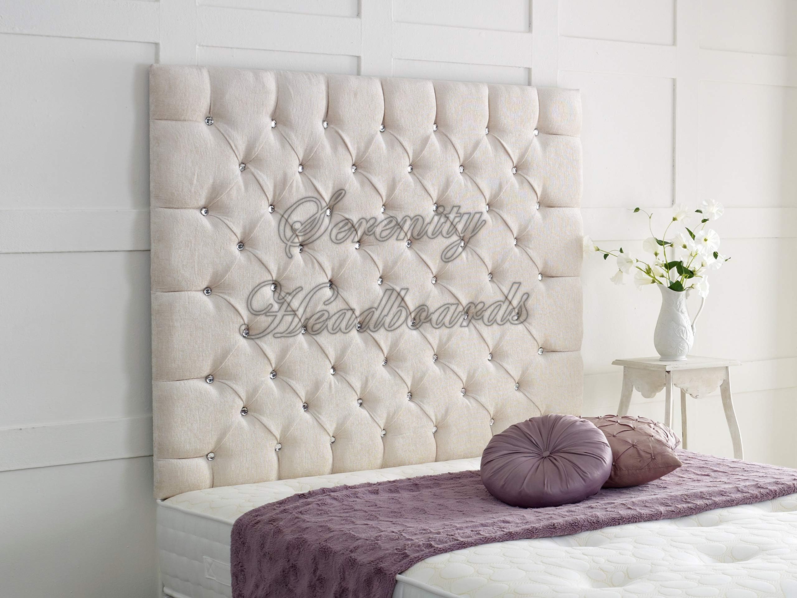 Serenity Chesterfield Chenille Wall Headboard - 44" Height - All Sizes & Colours (4FT6 Double - 44", Ivory)