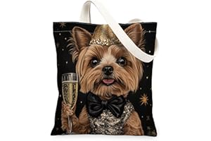 Spring Yorkies Dog Canvas Tote Bag for Shopping 13 * 15, Funny Luxury Stars Reusable Grocery Bag for Women, Pet Travel Patter
