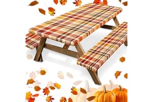 Britown Picnic Table Cover with Bench Covers Elastic Edges, Fall Autumn Fitted Table Cover, Outdoor Patio Camping Essentials 72 Inch 3PCS, Waterproof Camping Fitted Tablecloth with Drawstring Bag