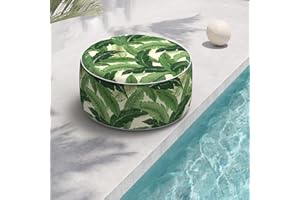 TWLEAR Indoor/Outdoor Inflatable Ottoman, All Weather Ottoman Pouf D31 x H14 inch, Round Foot Rest Ottoman, Portable Footstool for Patio, Garden, Porch, Home, Swaying Palms Green