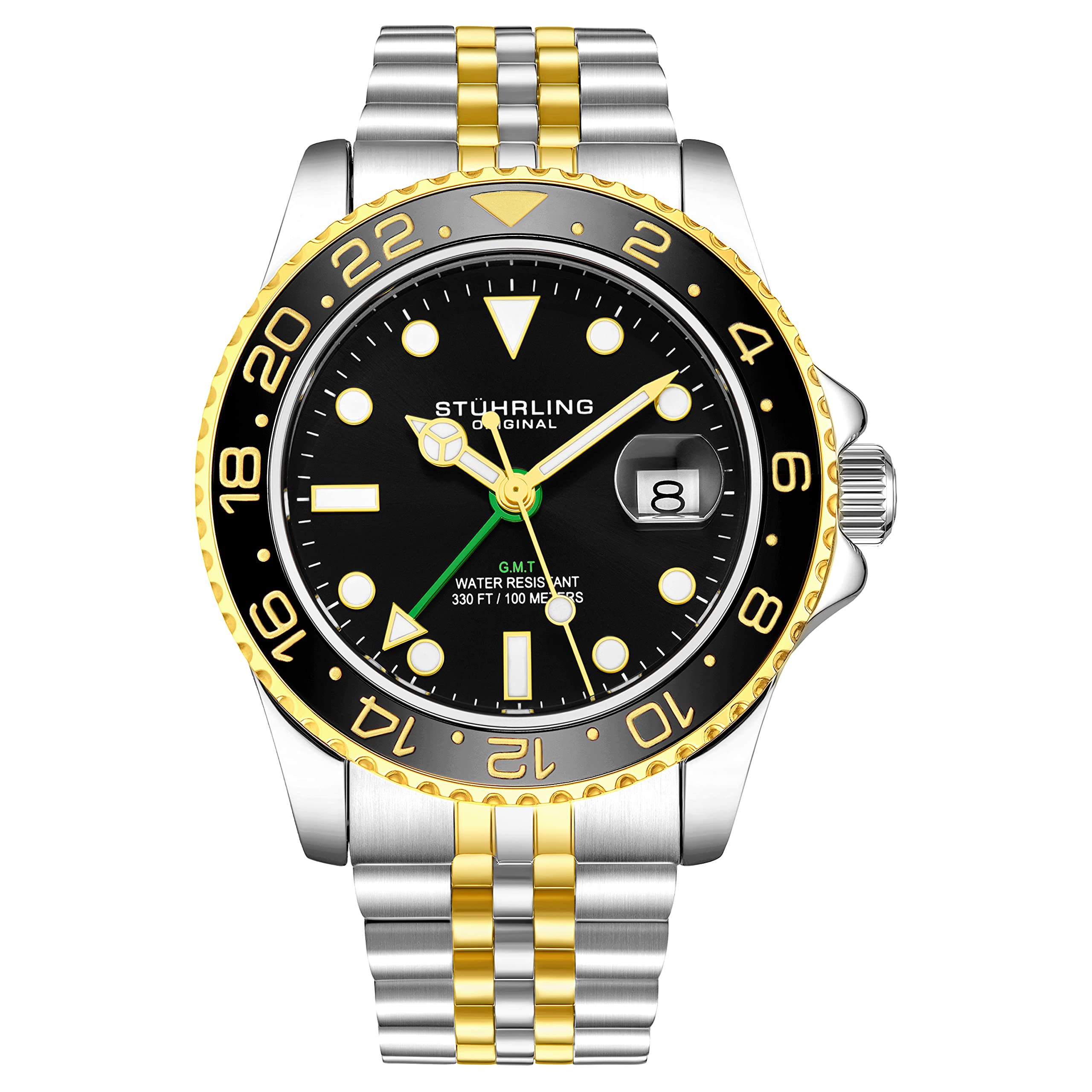 Stuhrling Original Mens Stainless Steel Jubilee Bracelet GMT Watch - Swiss Quartz, Dual Time, Quickset Date with Screw Down Crown, Water Resistant up to 10 ATM