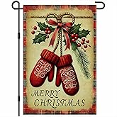 BlissYard Christmas Garden Flag 12x18 Inch Welcome Red Mittens Holly Yard Flag Double Sided Holiday Outdoor Banner with Plaid and Pine for Winter Porch Lawn Patio