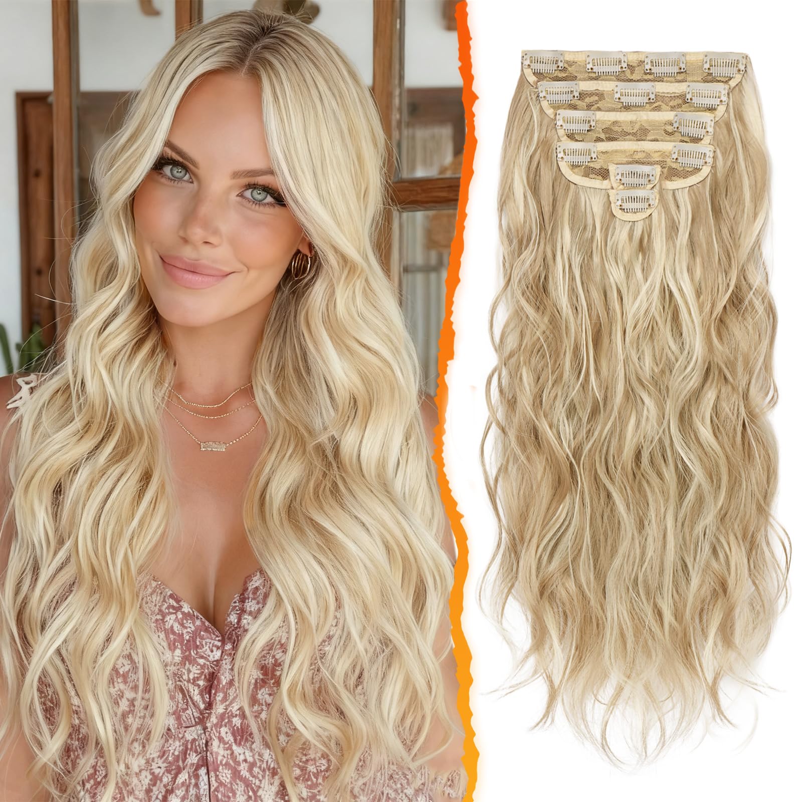 BARSDAR Clip in Hair Extensions, 20 Inch Wavy Blonde - 6PCs Thick Soft Synthetic Clip in Hairpieces For Women Girls Daily Party Halloween - Light Ash Blonde Mix