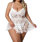 Mixxmix Plus Size Lingerie for Women Open Back Sexy Lingerie Dress Floral Lace Babydoll Chemise Lace Nightgown