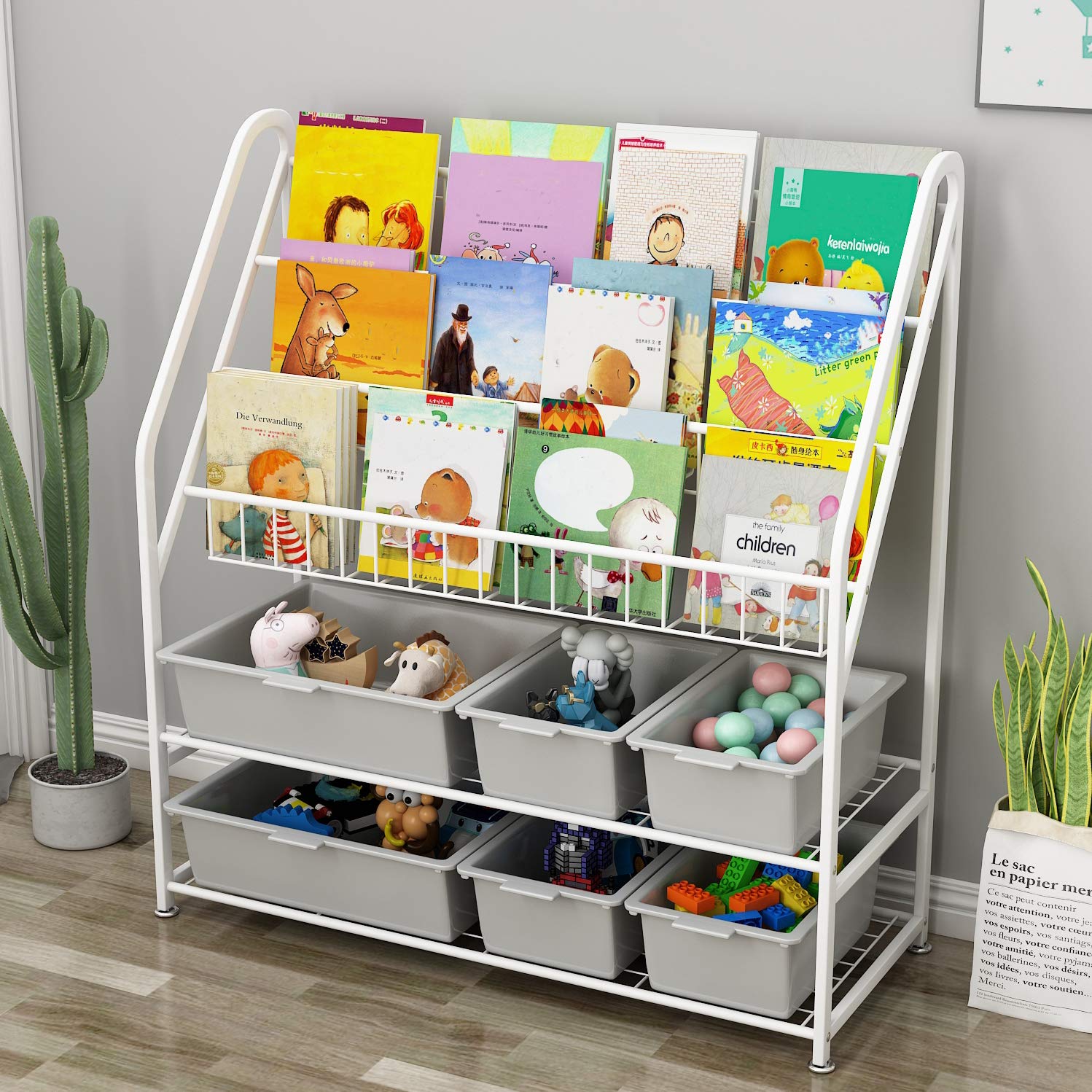 Bossjoy 5 Tier Children's Book Organizer, Kids Book and Toys Storage, Space Saving Kids Bookcase, Display Bookshelf Stands Shelf for Study Living Room Bedroom (Plastic Storage Box Not Include)