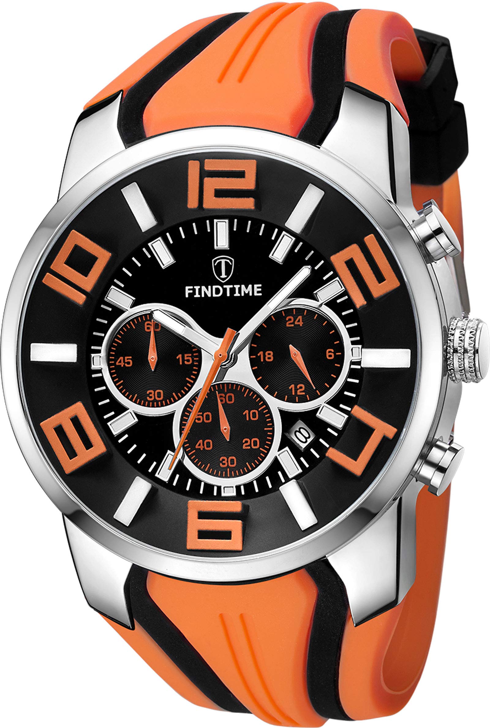 Mens Watches Large Face Designer Stopwatch Sport Wrist Watch with Silicone Band Analogue Chronograph Heavy Duty Watches for Men Orange