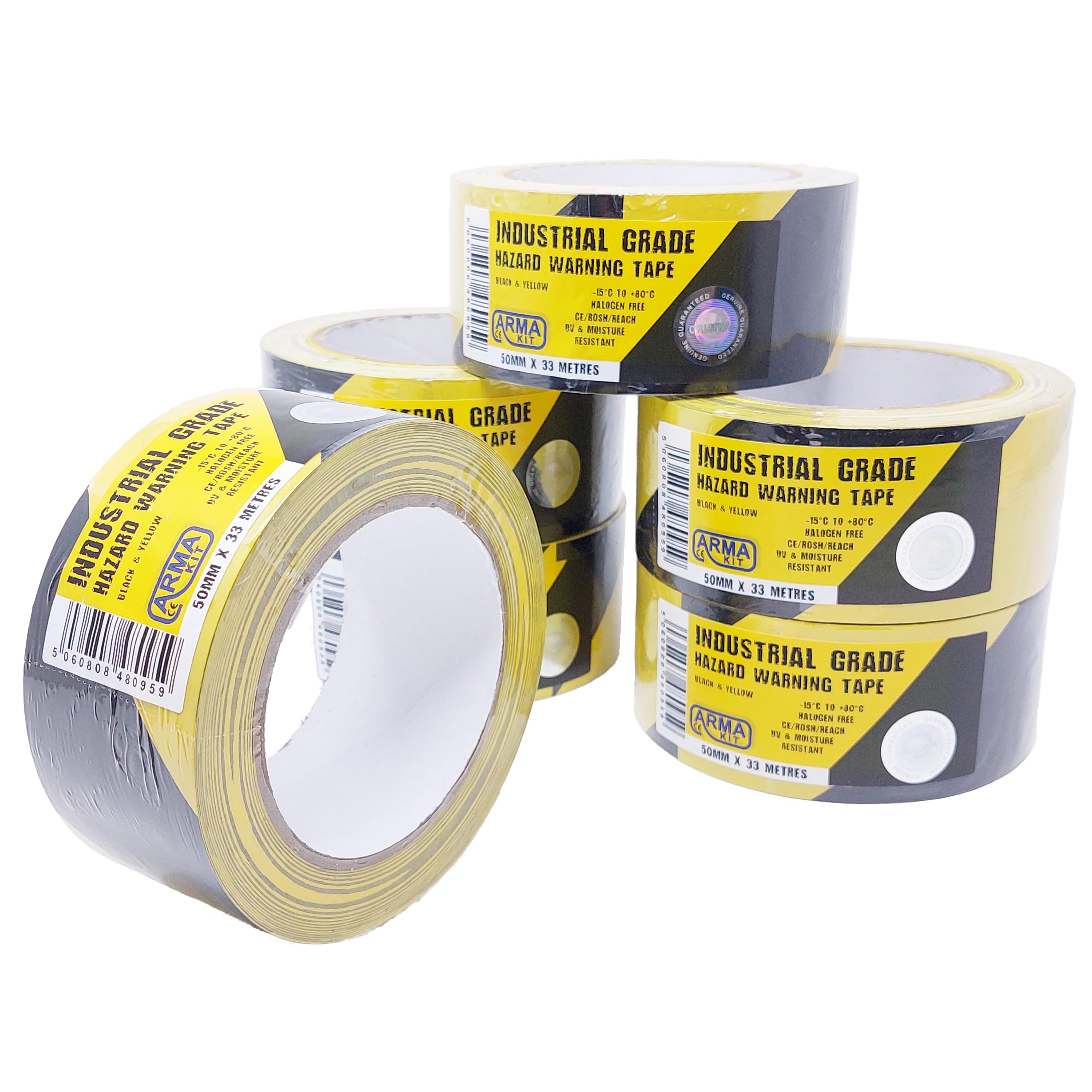 ArmaKit Hazard Tape | 50mm wide (2") x 33m Length (Yellow/Black) 6 Pack - High Visibility Black and Yellow Diagonal Striped. Indoor/Outdoor All-Weather; Carpet, Tile, Wood, Stone, Concrete, Metal