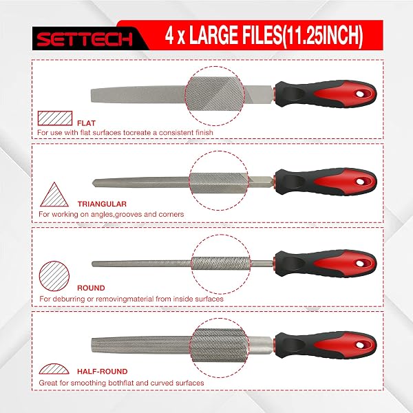 SETTECH 31PCS METAL & WOOD FILE RASP SET, HALF-ROUND/ROUND/TRIANGLE/FLAT 4PCS LARGE TOOLS, 14PCS NEEDLE FILES AND A PAIR OF ELECTRIC FILES, 1PC BRUSH, 1PC WORKING GLOVES AND 10PCS EMERY PAPERS