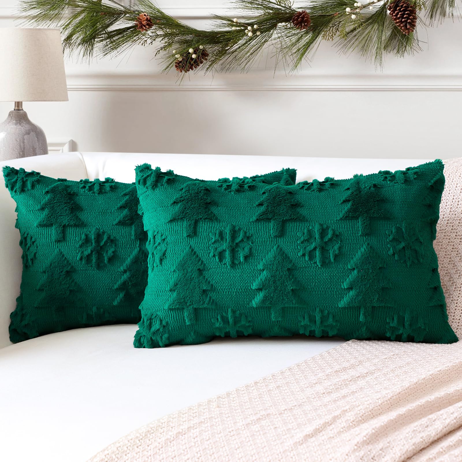 Artscope Set of 2 Xmas Soft Plush Short Wool Velvet Decorative Cushion Covers 40x60cm Luxury Style Throw Pillow Covers Pillow Shell for Sofa Bedroom Christmas Tree and Snowflake Green,