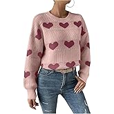 SHENHE Women's Crew Neck Heart Patterned Sweater Pullover Dressy Casual Fall Knit Sweater