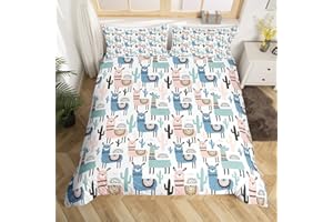 Feelyou Boys Girls Duvet Cover Set King Size for Kids Teen Cute Cartoon Alpaca Llama Cactus Print Bedding Set Botanical Animal Comforter Cover Decorative Microfiber with 2 Pillow Sham Multicolor