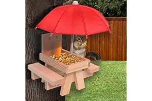 HOQQF Squirrel Feeder Picnic Table with Umbrella for Outside Funny, Corn Cobs Feeder for Squirrels Chipmunks, Keeps Big Brids Away Wooden Squirrel Picnic Table House Bench Chair Food Holder Station