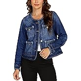 Ladyful Braided Trim Denim Jacket for Women Collarless Button Down Long Sleeve Cropped Jean Coat Outerwear