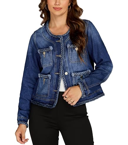 BlueFire2015 Women's Collarless Long Sleeve Denim Jacket Round