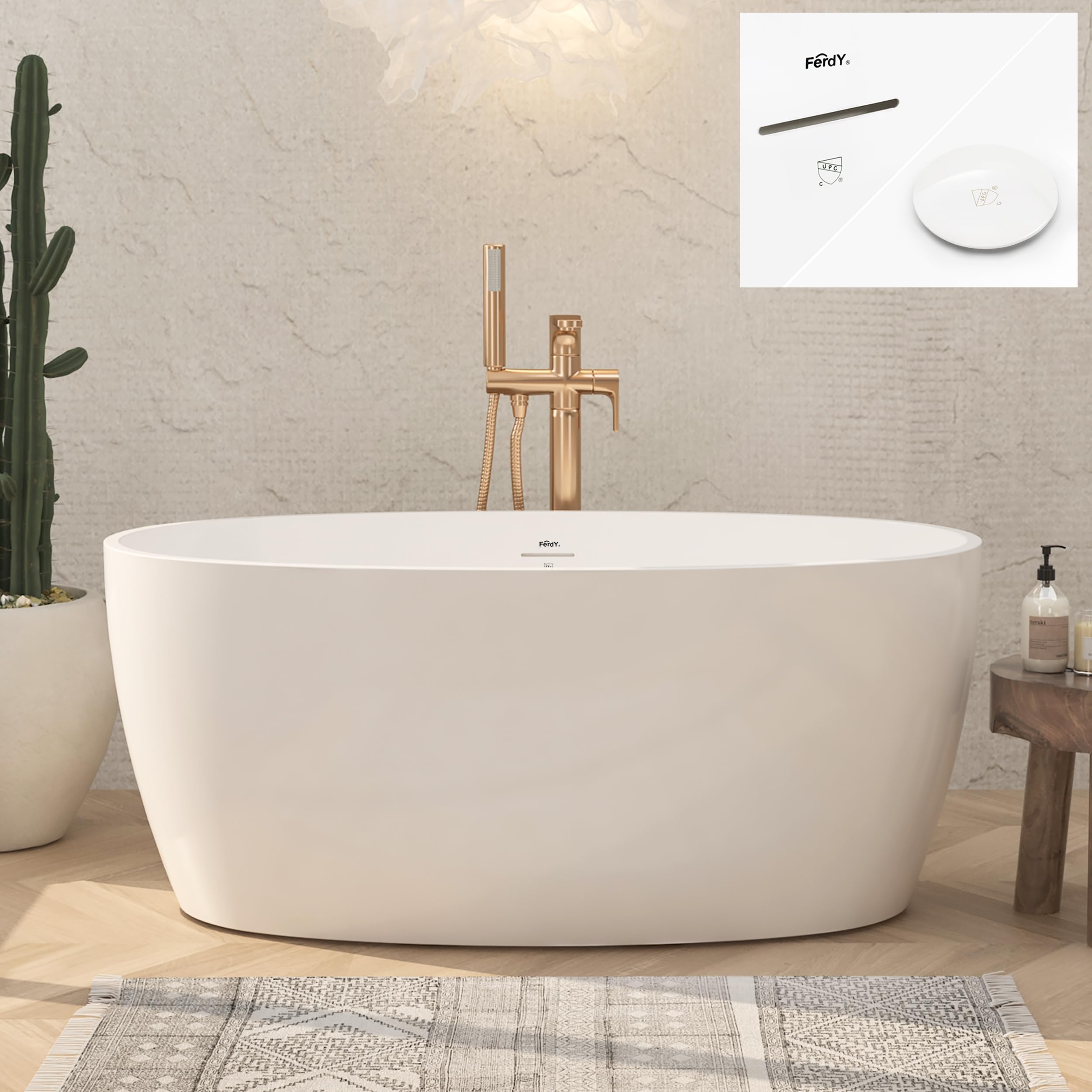 Photo 1 of FerdY Tahiti 55" Acrylic Freestanding Bathtub, Elegant Oval Shape Soaking Bathtub, Glossy White, White Drain & Integrated Slotted Overflow Assembly Included cUPC Certified