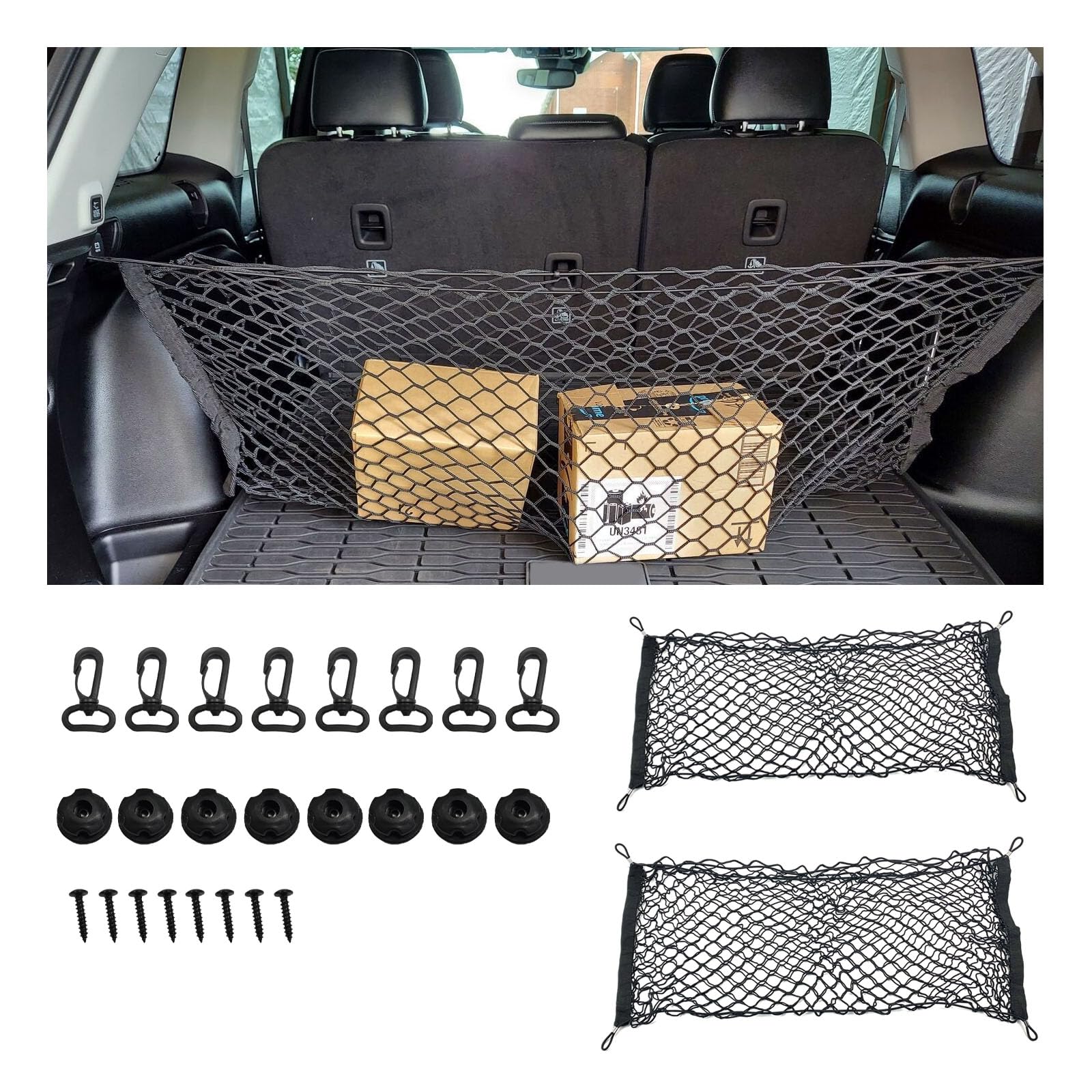 Photo 1 of Suvnie 2 PCS Stretchable Cargo Net, Elastic Car Rear Cargo Pocket Mesh Net with 4 Mounting Screws and Hooks, Universal Automotive Cargo Netting Storage Pouch for Cars SUVs Boats (Middle)